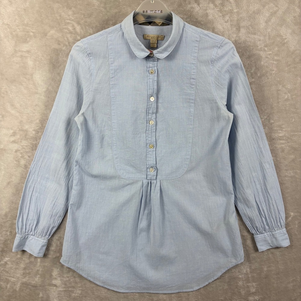 Burberry Brit Womens XS Light Blue Cotton Pleated Bib Peter Pan Collar Shirt